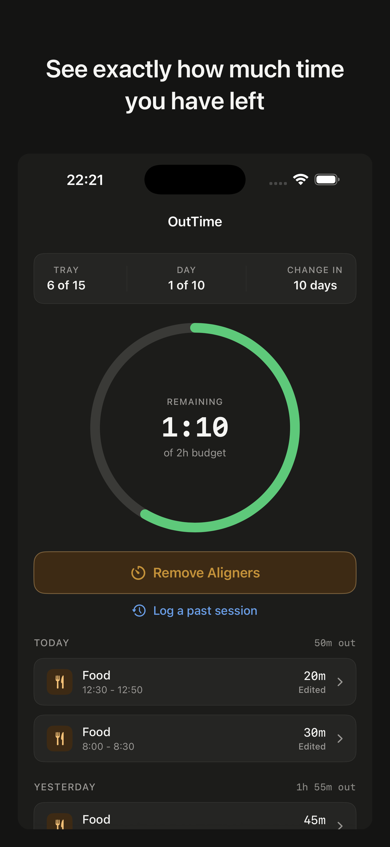 OutTime app showing countdown timer with 1 hour 10 minutes remaining of a 2-hour daily budget