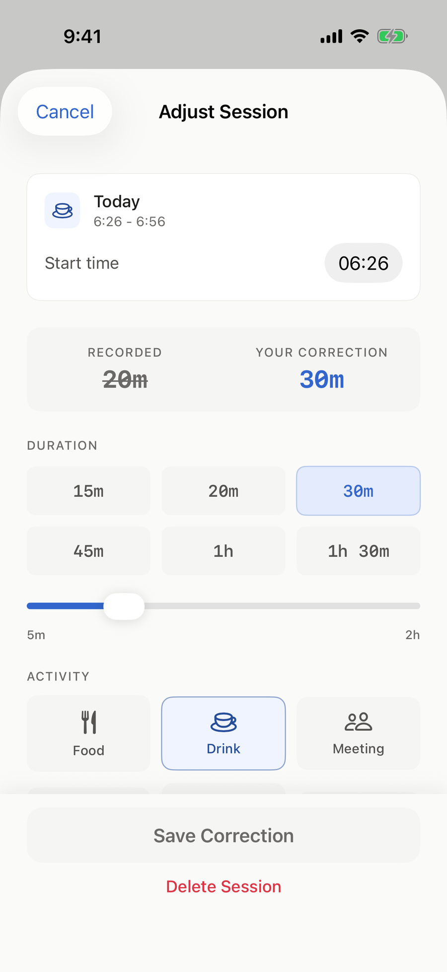 OutTime session adjustment sheet showing the recorded duration crossed out and a corrected duration with activity tags