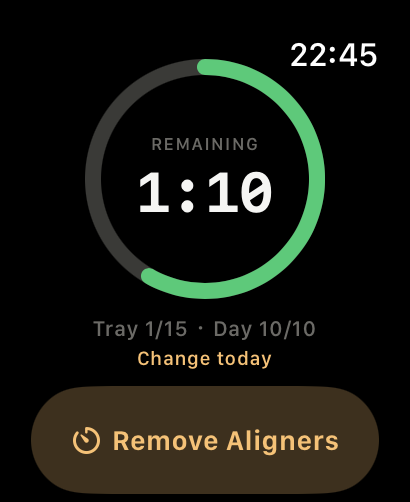 OutTime Apple Watch showing countdown ring with 1 hour 10 minutes remaining