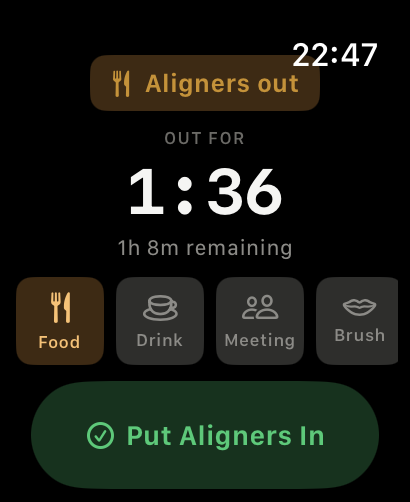 OutTime Apple Watch active session showing timer and activity tags